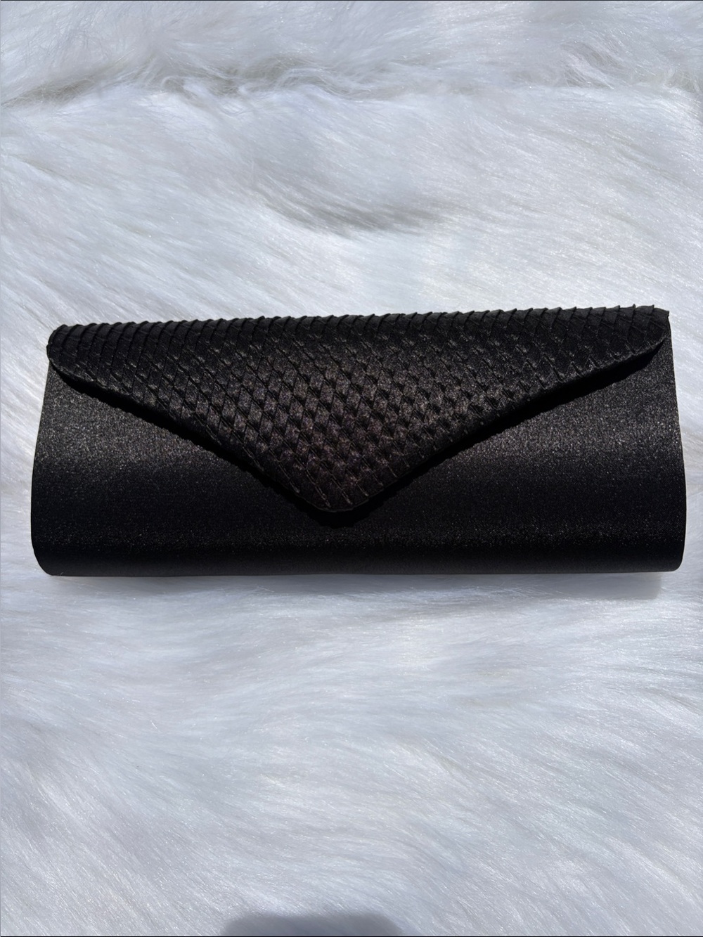 LAURA FORMAL WEAR~ Black Satin Envelope Clutch with Textured Flap